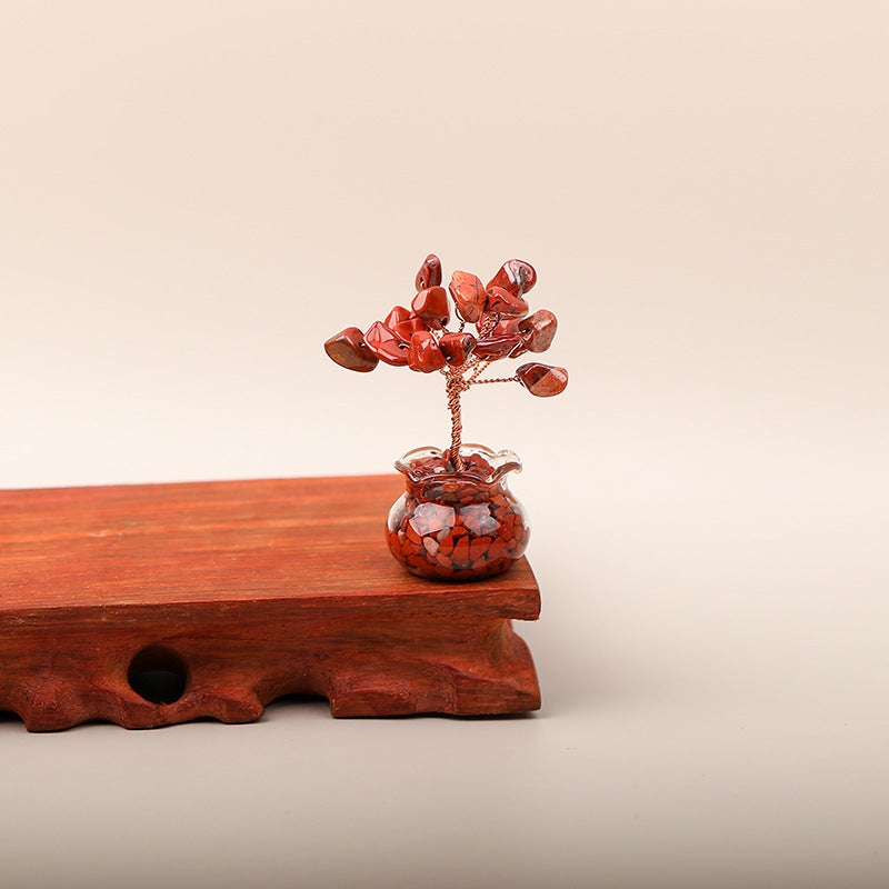 Mini Wealth Tree – red jasper crystal tree on wood stand, glass geode pot, beige background, grounding energy decor