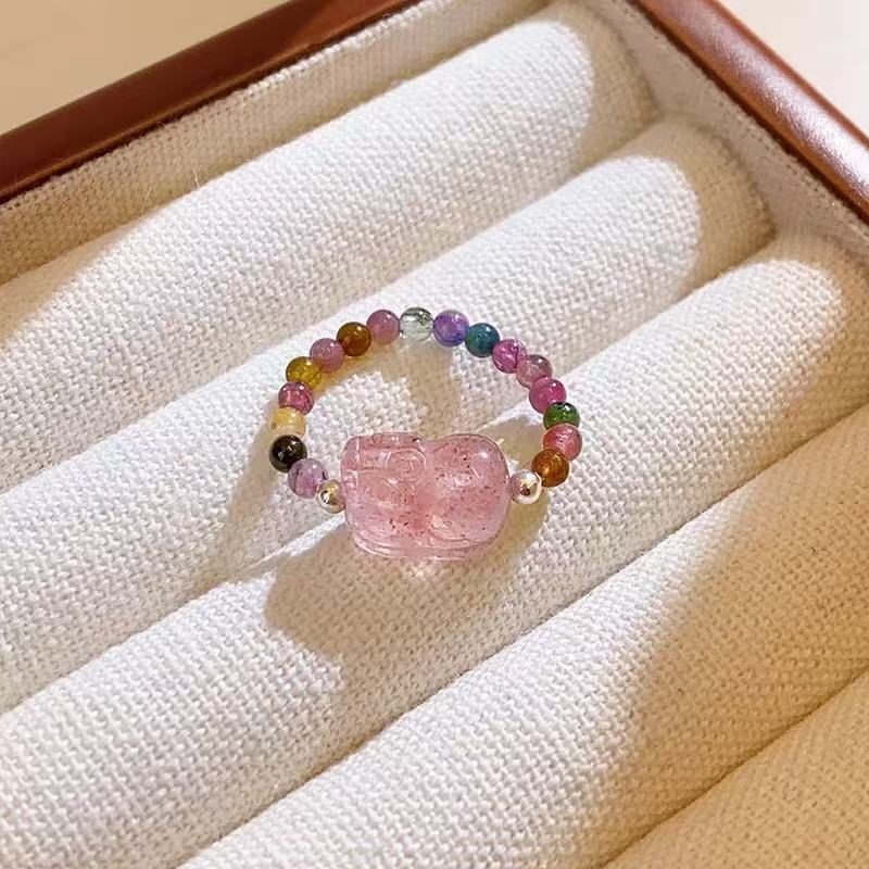 Tourmaline Pi Xiu Ring – Colorful tourmaline bead ring with pink Pi Xiu in white jewelry box, crystal healing ring