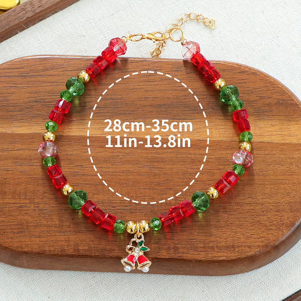 Luxury Crystal Pet Necklace – Christmas red green crystal beaded collar with bell holly pendant, 28-35cm