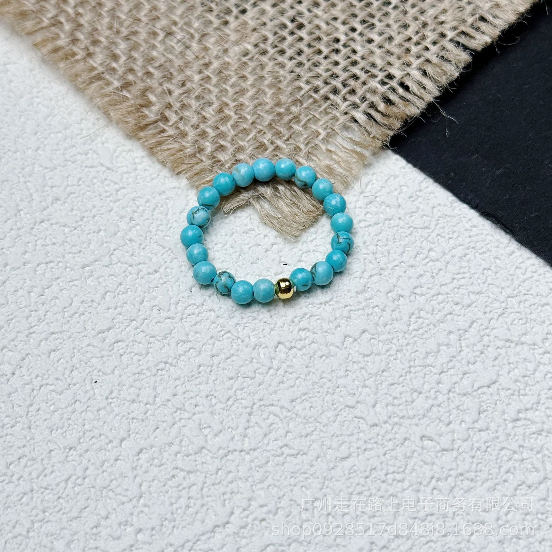 Tiger Eye Beaded Ring – Turquoise beads with gold accent bead on burlap, minimalist crystal ring