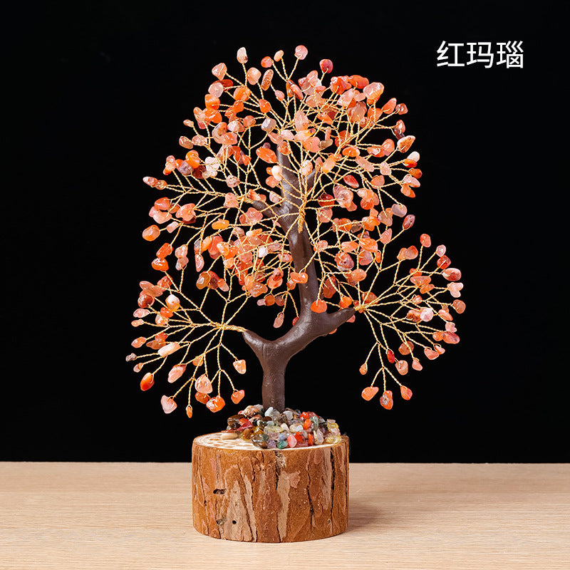 Colorful Crystal Wealth Tree – Red agate on wood base, energy protection decor