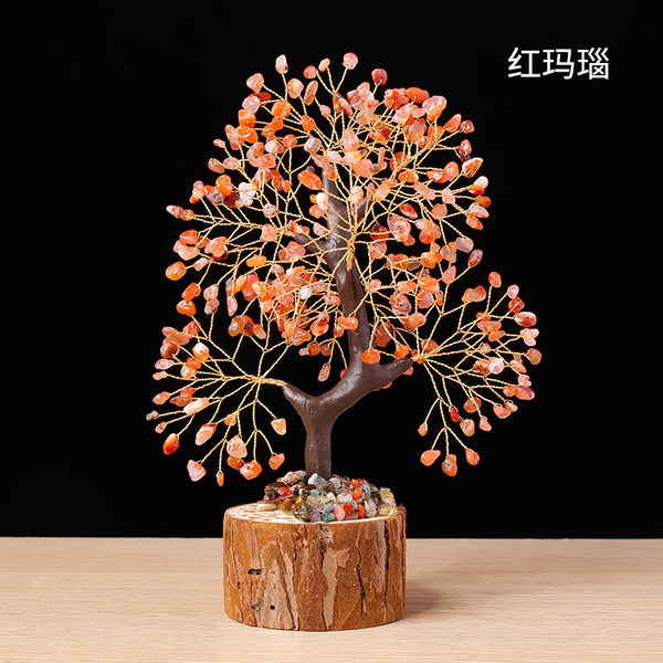 Colorful Crystal Wealth Tree – Red agate on wood base, energy protection decor
