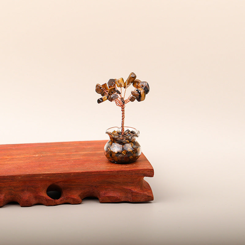 Mini Wealth Tree – tiger eye stone tree on wooden stand, glass geode pot, beige background, confidence luck decor