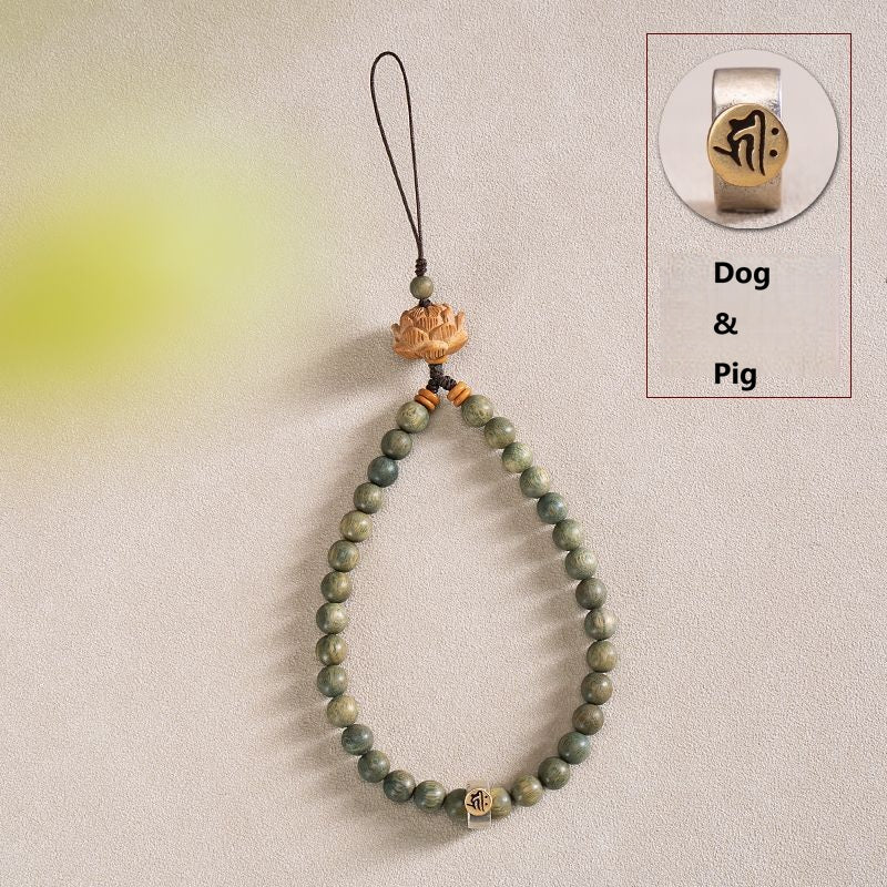 Zodiac Wood Bead Lanyard – Green sandalwood with Dog and Pig silver zodiac token, loyal prosperity phone accessory