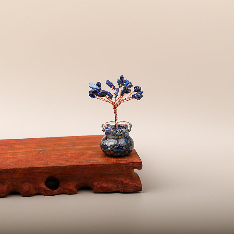 Mini Wealth Tree – lapis lazuli blue tree on wood stand, glass geode pot, beige background, wisdom energy ornament