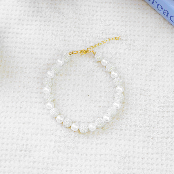 Luxury Crystal Pet Necklace – white pearl and frosted bead collar, gold chain extender, white terry cloth