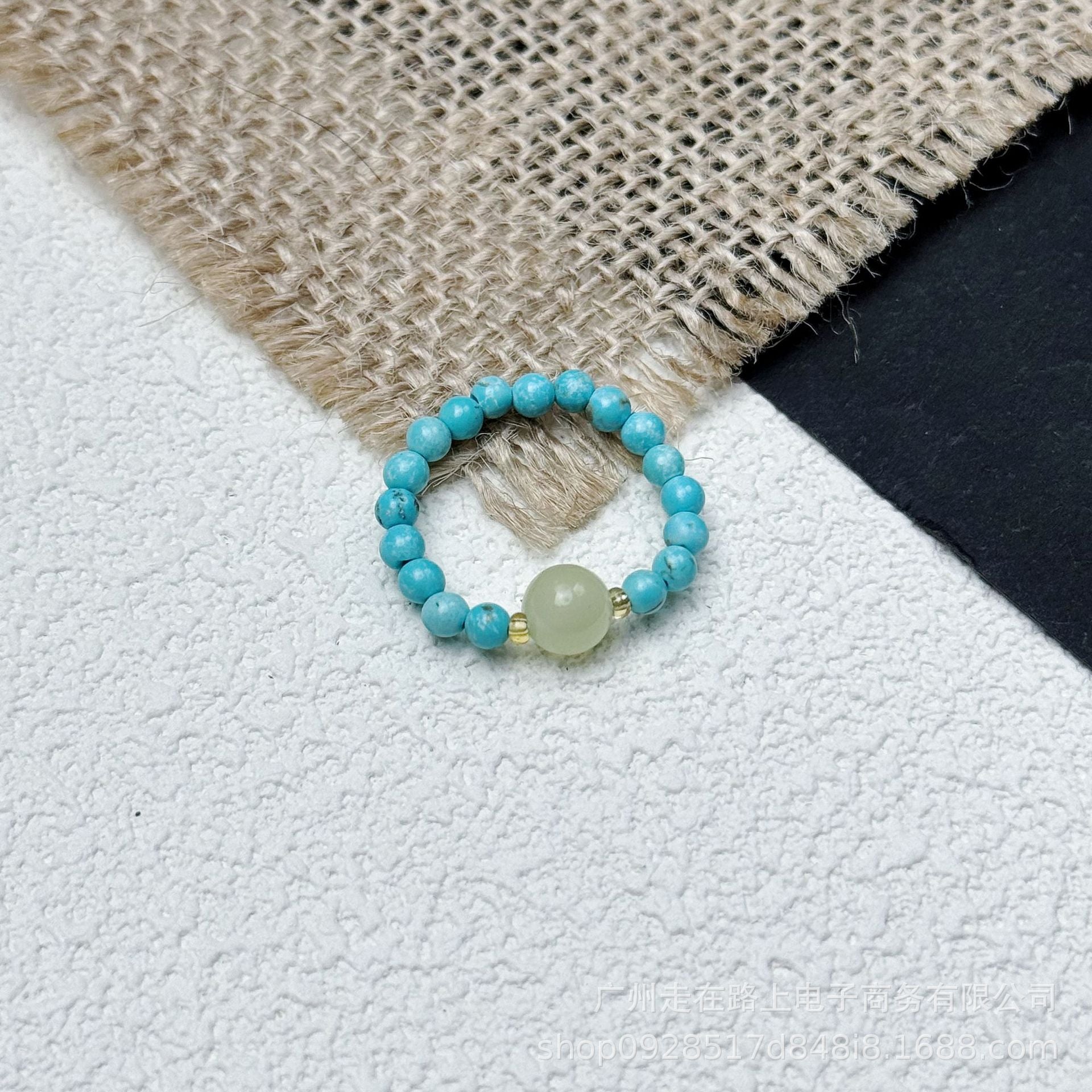 Tiger Eye Beaded Ring – Turquoise beads with pale jade center on burlap, calming crystal ring