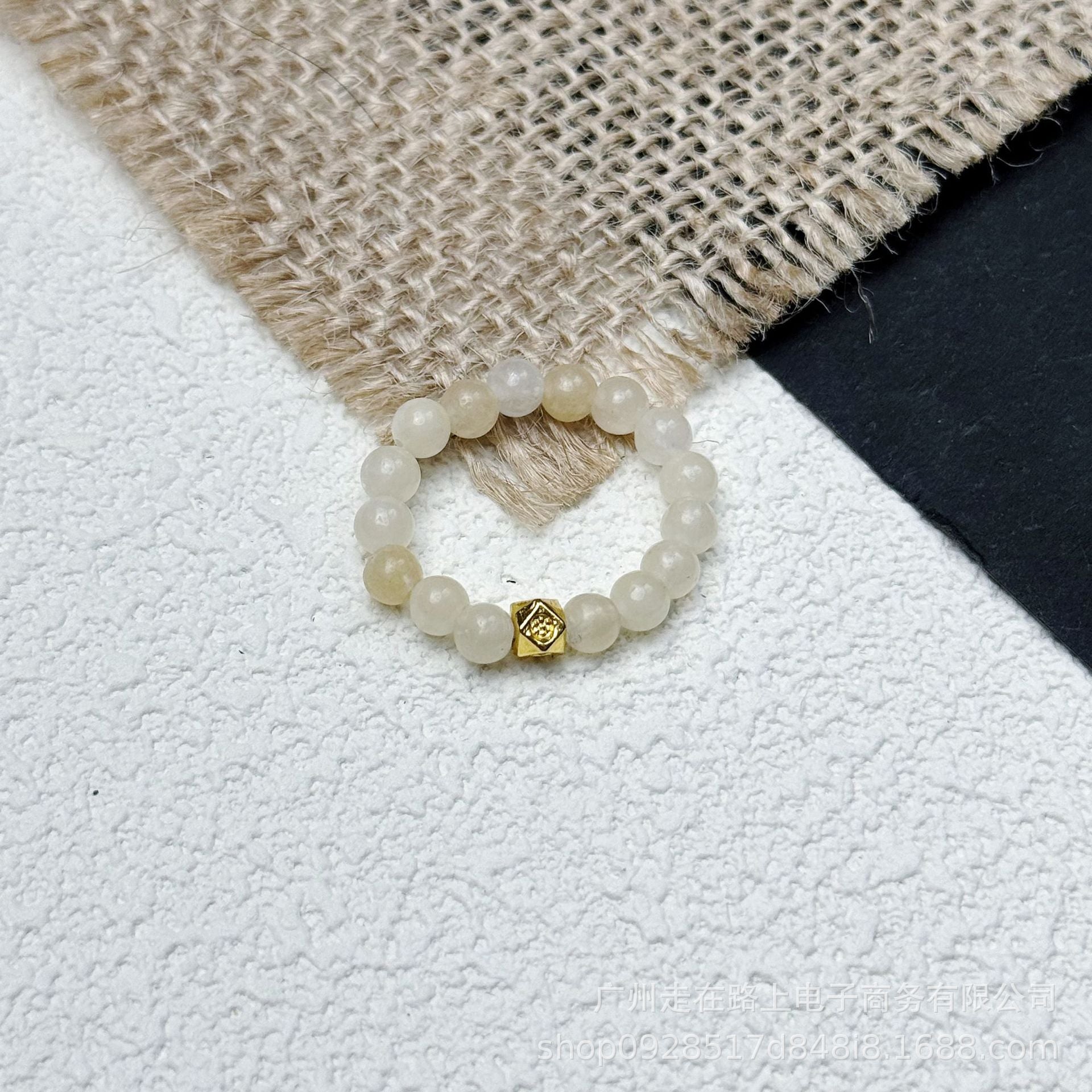 Tiger Eye Beaded Ring – White agate beads with gold cube charm on burlap, elegant minimalist ring