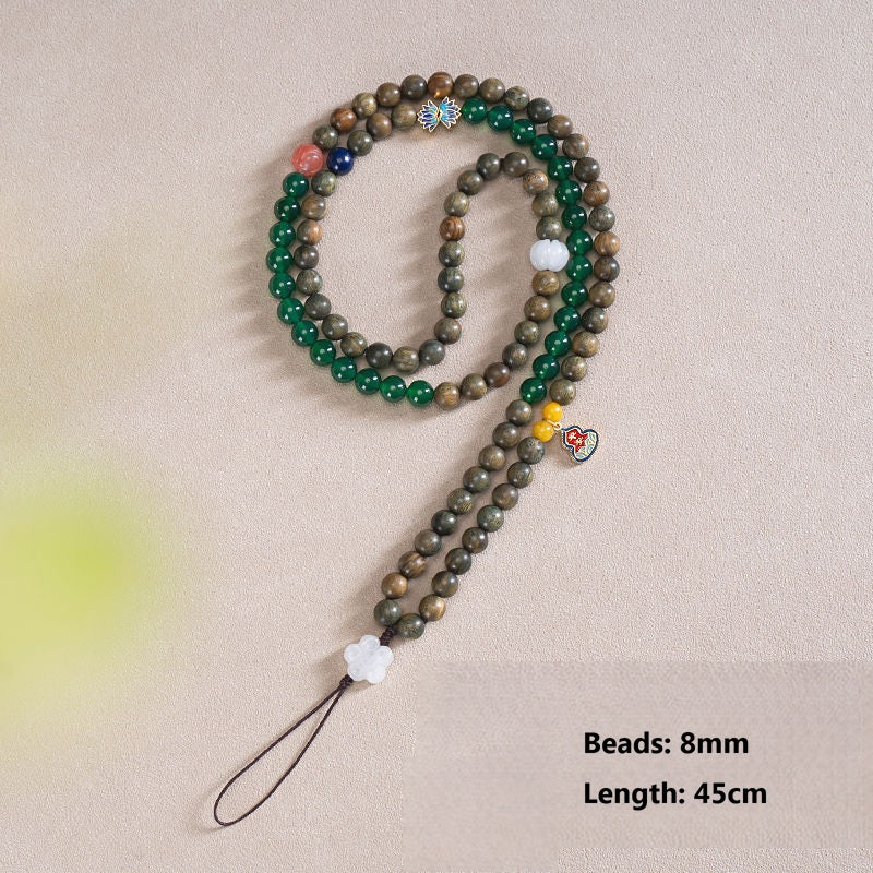 Zodiac Wood Bead Lanyard – Long multicolor beaded necklace lanyard 45cm with green agate and sandalwood, 8mm beads measurement
