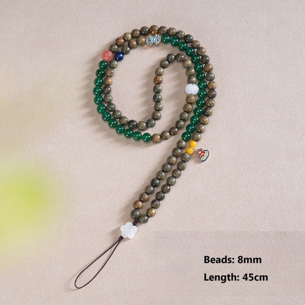 Zodiac Wood Bead Lanyard – Long multicolor beaded necklace lanyard 45cm with green agate and sandalwood, 8mm beads measurement