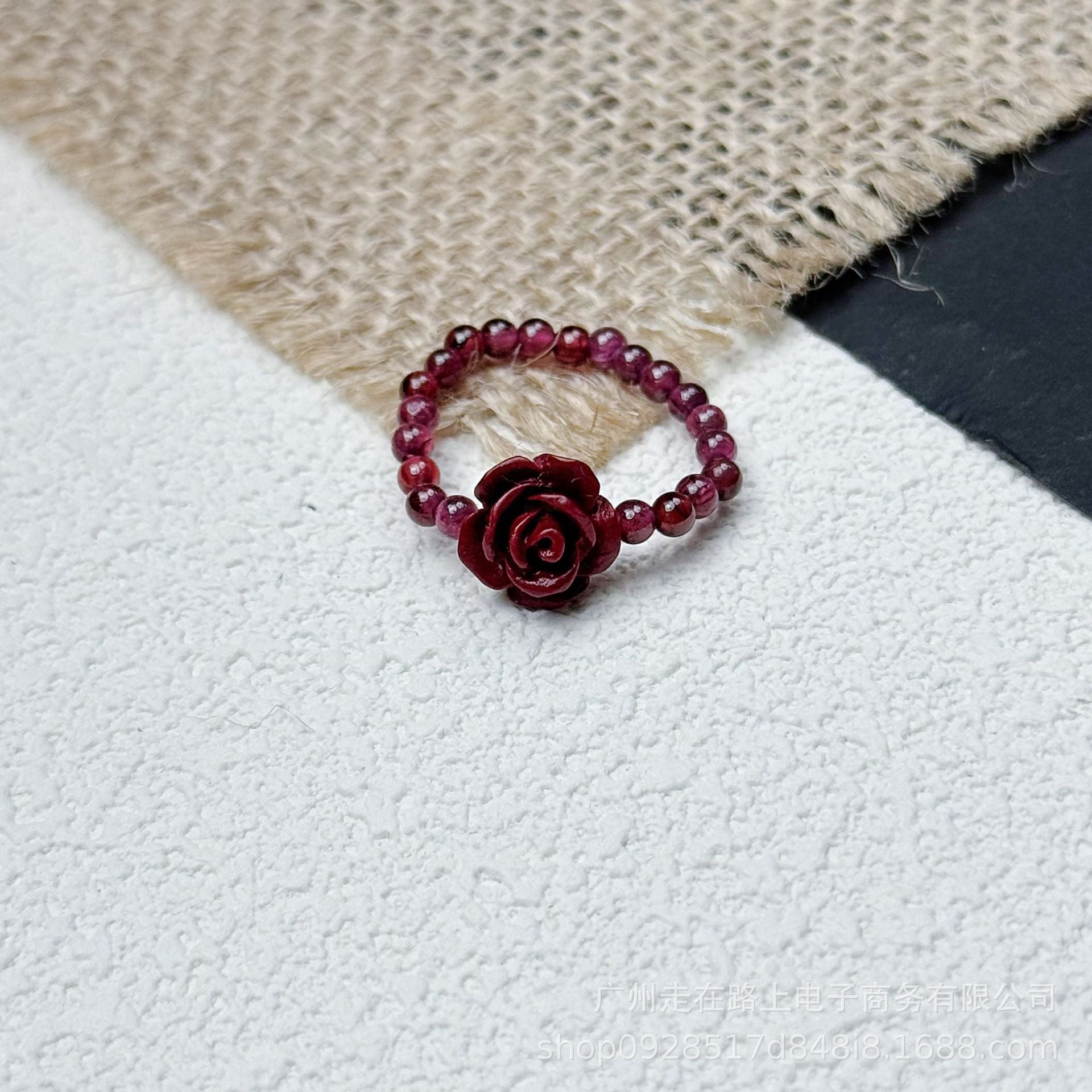 Tiger Eye Beaded Ring – Deep red beads with carved rose center on burlap, romantic flower ring