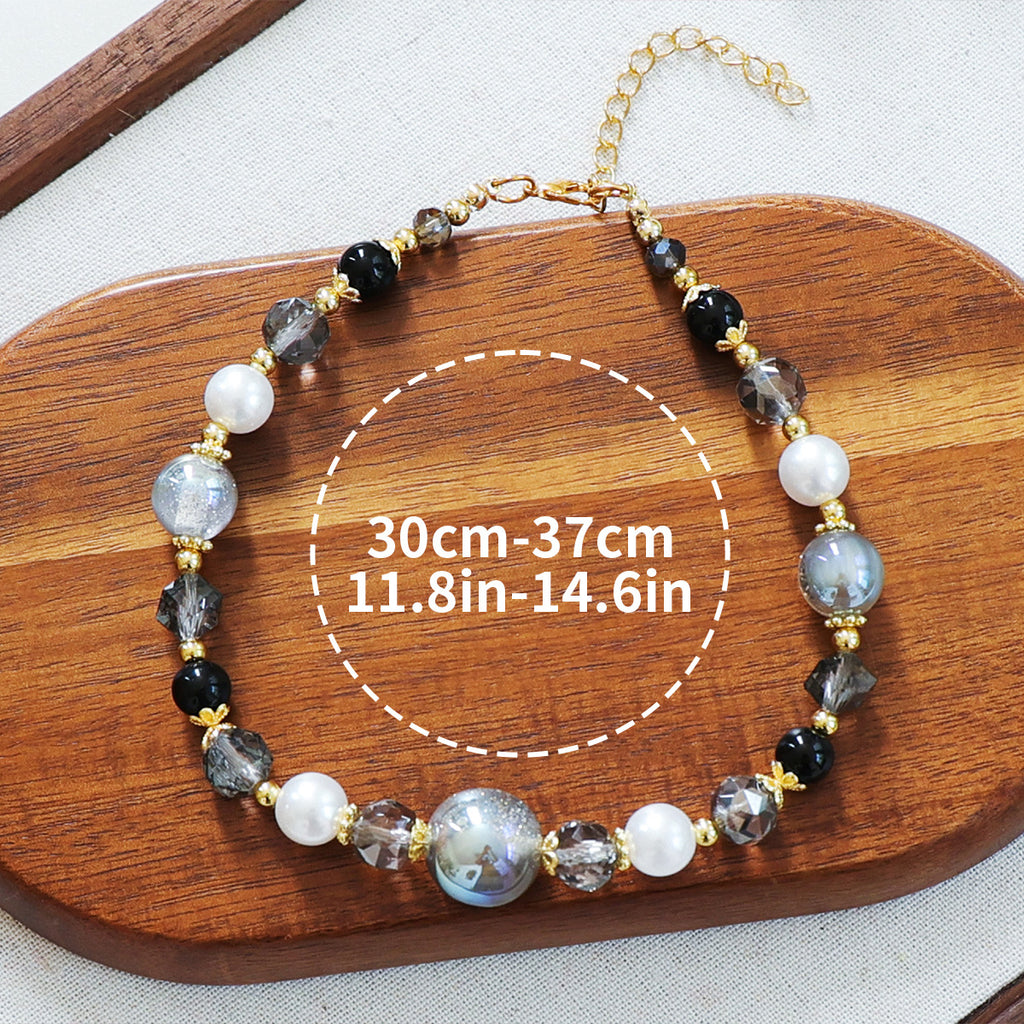 Luxury Crystal Pet Necklace – black onyx smoky crystal iridescent bead collar, gold caps, wood tray, 30-37cm