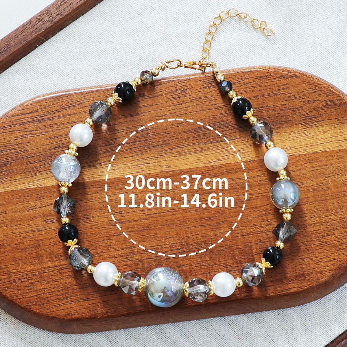 Luxury Crystal Pet Necklace – black onyx smoky crystal iridescent bead collar, gold caps, wood tray, 30-37cm