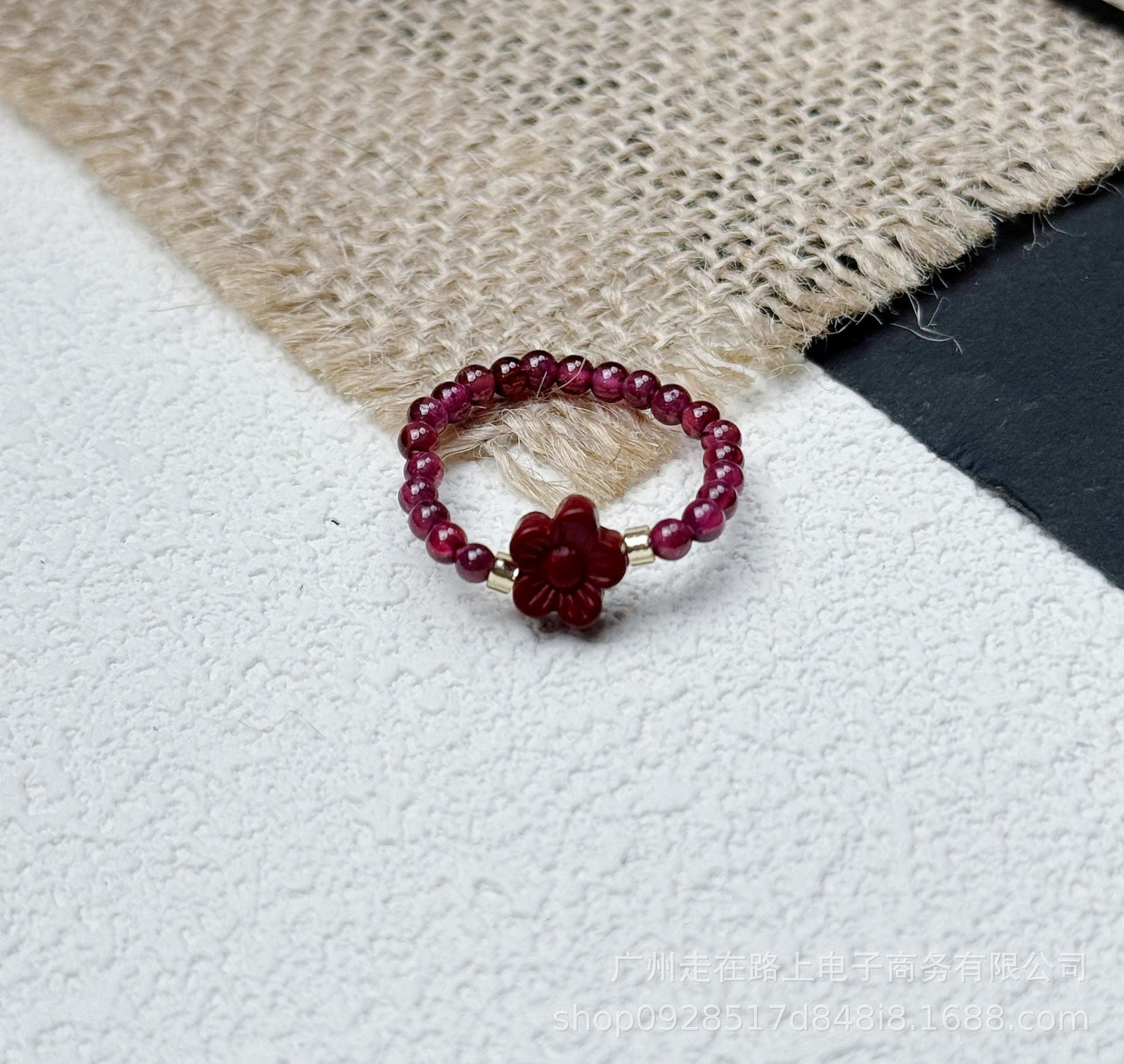 Tiger Eye Beaded Ring – Garnet beads with red flower charm on burlap, feminine crystal jewelry