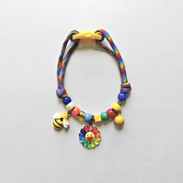 Adjustable Cat Collar – Rainbow rope with bee, rainbow flower & yellow bell, nature kawaii collar