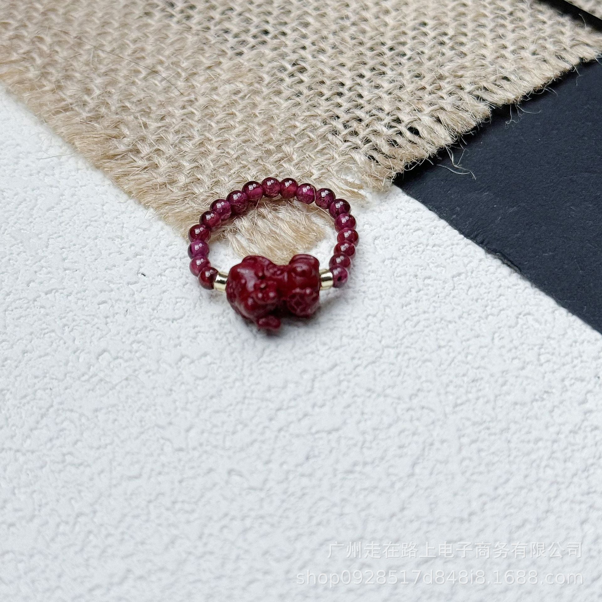 Tiger Eye Beaded Ring – Red beads with carved pixiu center on burlap, feng shui luck ring