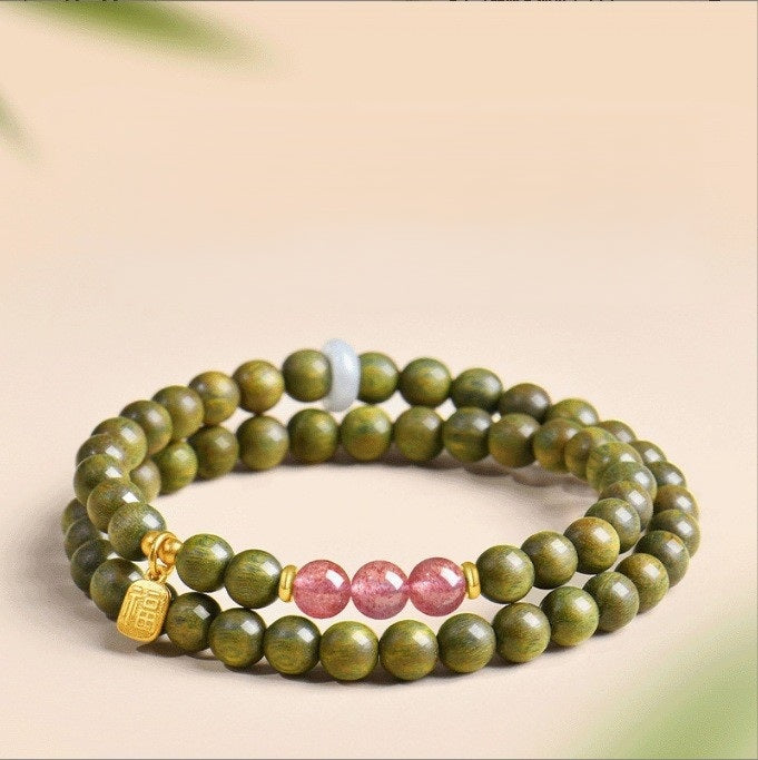 Green Sandalwood Bracelet – Double wrap with pink quartz and gold fortune charm on beige, jade wood