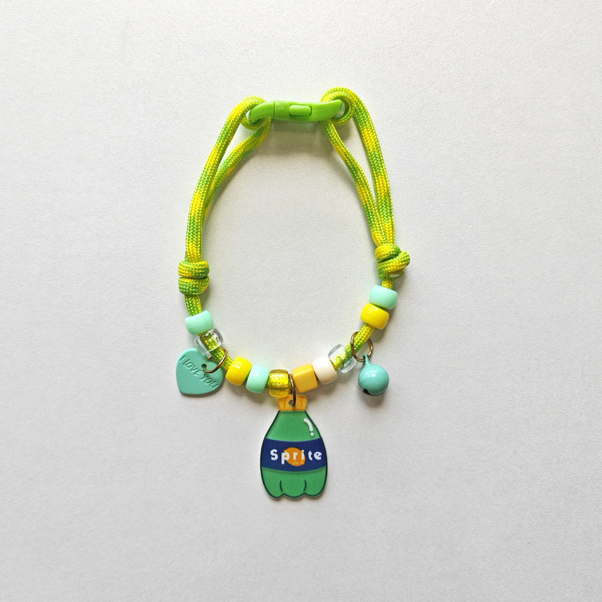 Cute Pet Collar – Yellow-green rope with I love you heart, Sprite bottle & mint bell, pop collar
