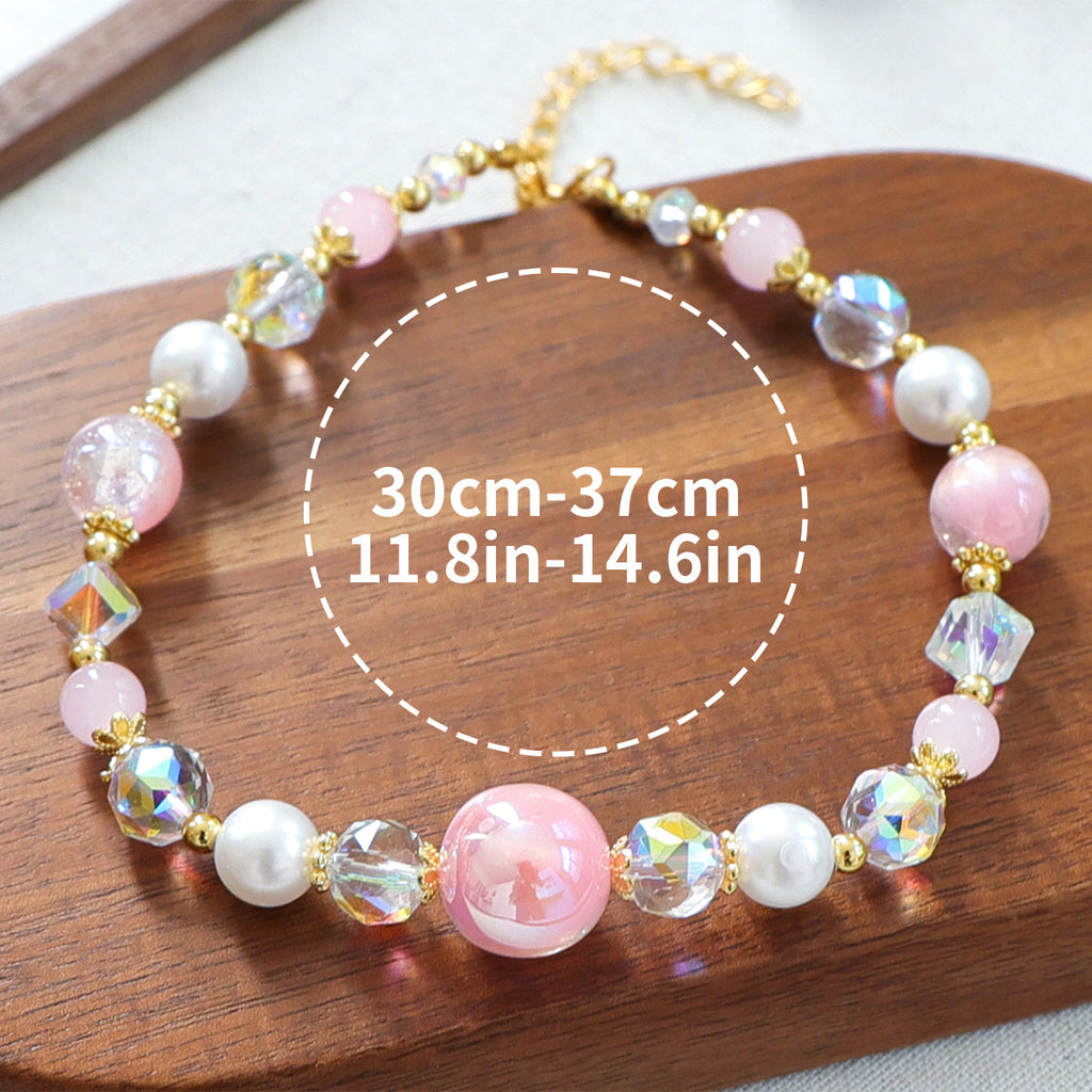 Luxury Crystal Pet Necklace – pink crystal and pearl bead collar with AB crystals, gold chain, wood tray, 30-37cm