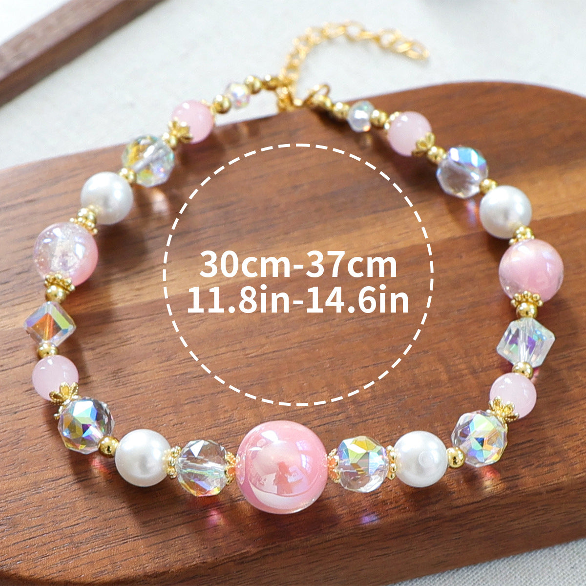 Luxury Crystal Pet Necklace – pink crystal and pearl bead collar with AB crystals, gold chain, wood tray, 30-37cm