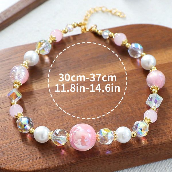Luxury Crystal Pet Necklace – pink crystal and pearl bead collar with AB crystals, gold chain, wood tray, 30-37cm
