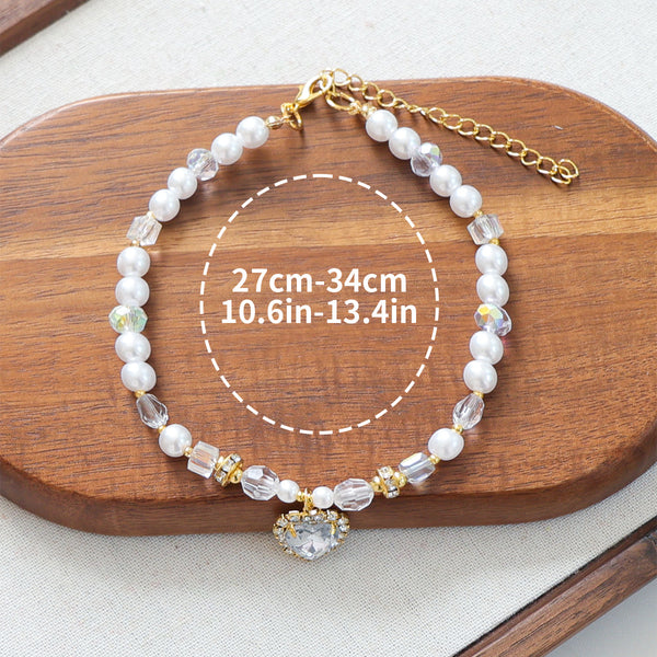 Luxury Crystal Pet Necklace – pearl crystal collar with heart pendant, AB iridescent beads, 27-34cm, wood tray
