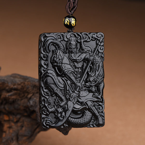 Obsidian Pendant – Guan Gong riding dragon, warrior deity with Green Dragon Crescent Blade, rectangular plaque loyalty symbol