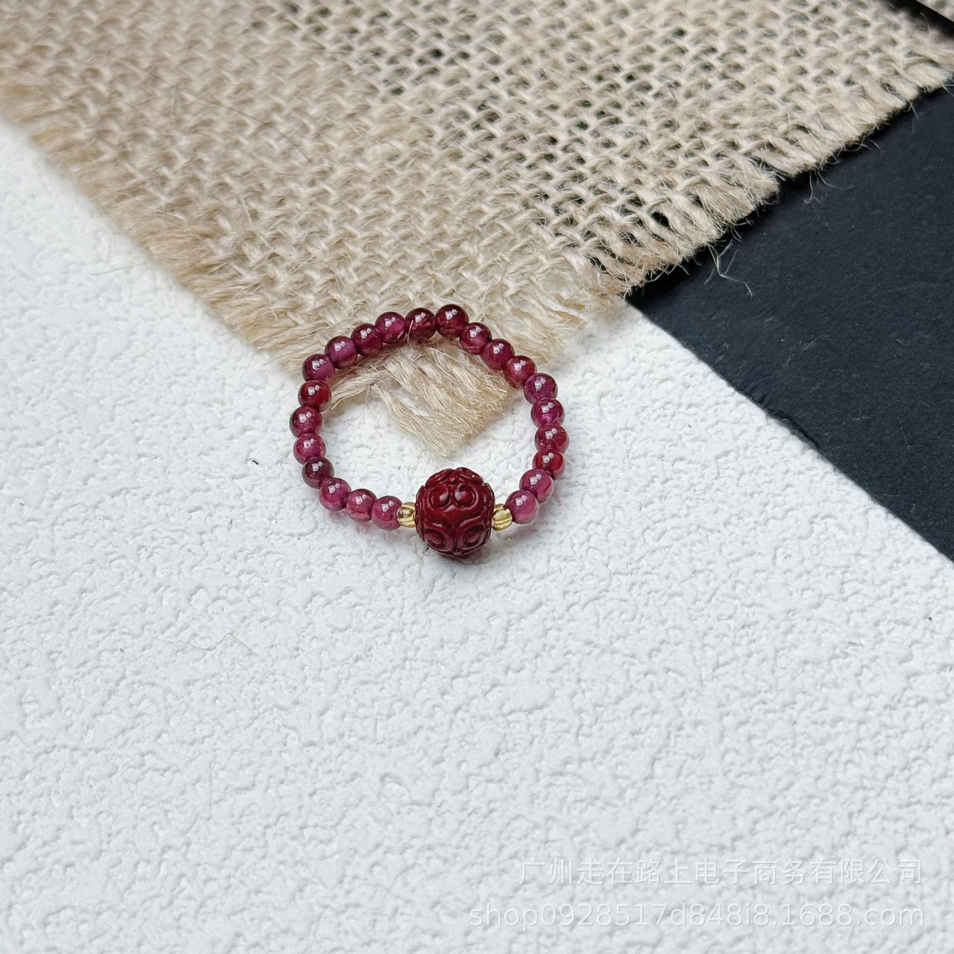Tiger Eye Beaded Ring – Red beads with carved round center on burlap, traditional protection ring