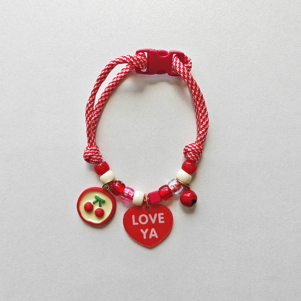 Adjustable Cat Collar – Red-white rope with cherry charm, love ya heart & red bell, cute pet collar