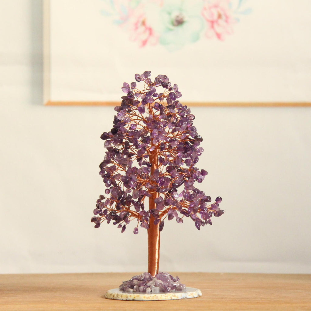 Crystal Money Tree – Purple amethyst on agate base, Feng Shui wealth decor