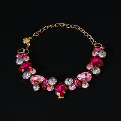 Pet Crystal Collar – Gold-tone bib necklace with fuchsia and rose pink rhinestones on black, pet statement jewelry