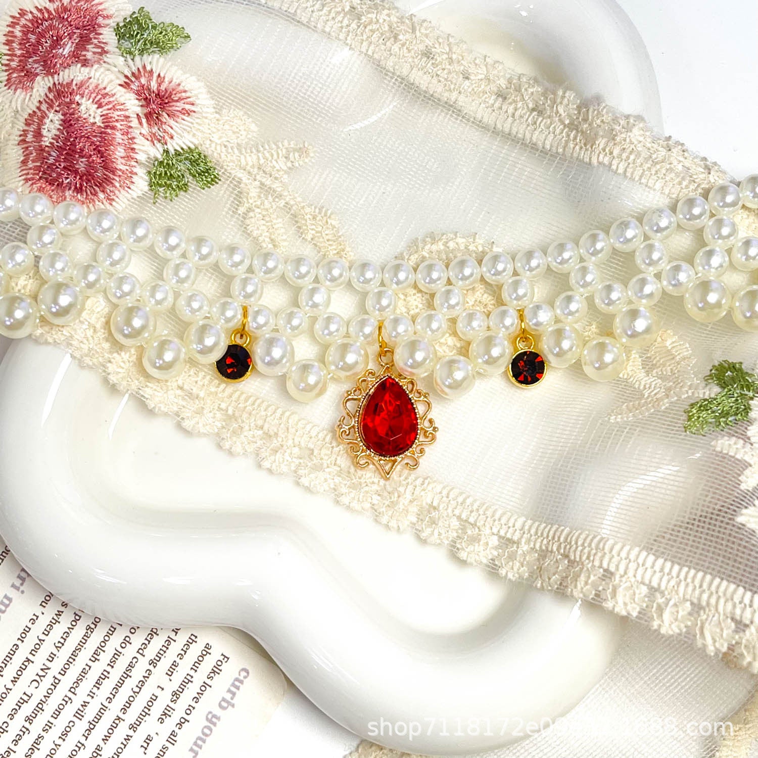 Luxury Pearl Pet Necklace - White pearl strands with fuchsia teardrop crystal pendant on lace, handmade pet collar
