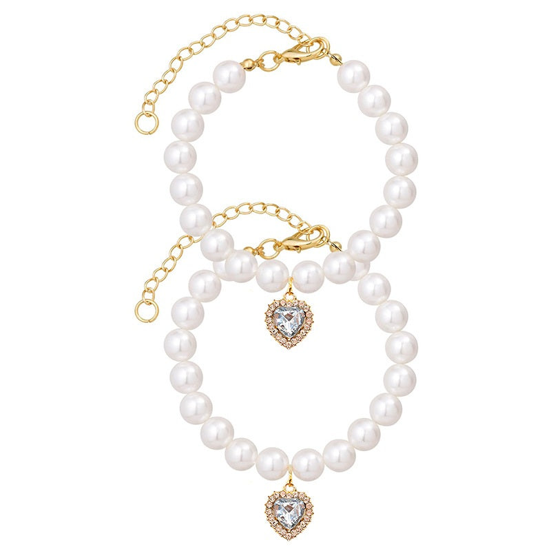 Pearl & Rhinestone Pet Collar Princess Style Crystal Heart Pendant for Cats Dogs