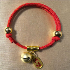 Feng Shui Bell Collar - Red braided cord with gold bell and Na Fu tag charm, adjustable lucky pet collar