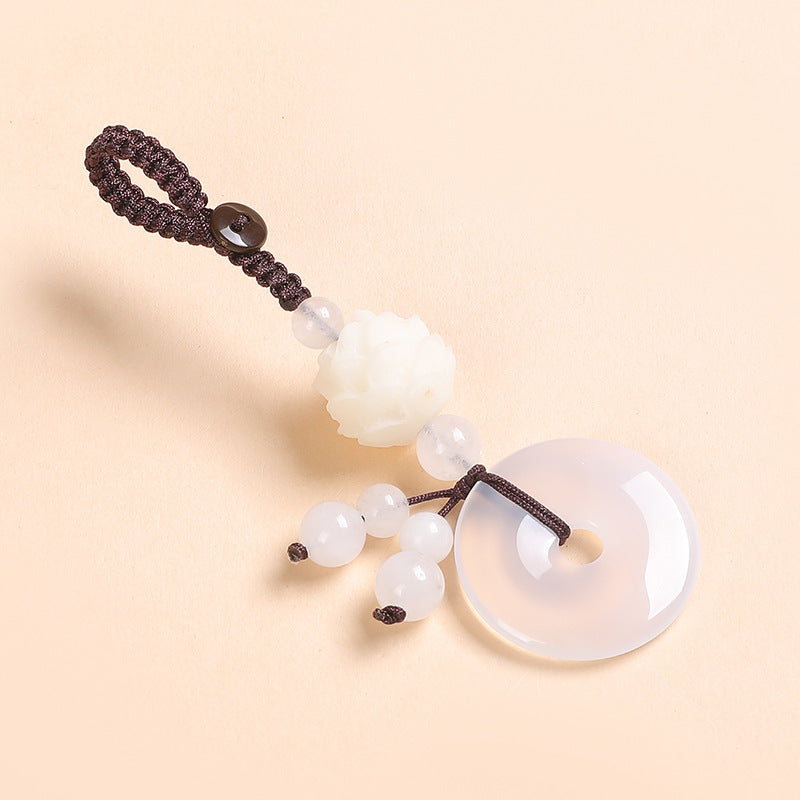Agate Chalcedony Safety Knot Keychain – white agate Ping An Kou with white lotus bead and cord Main image