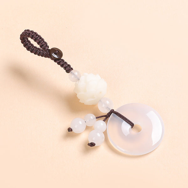 Agate Chalcedony Safety Knot Keychain – white agate Ping An Kou with white lotus bead and cord