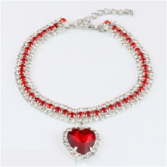 Rhinestone Pet Collar – Ruby red crystal band with red heart pendant, silver prong setting, luxury dog jewelry