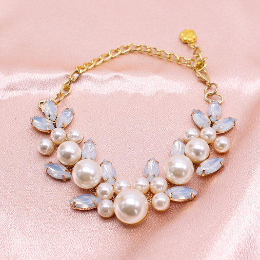 Princess Crystal Pearl Pet Collar - pearl and opalescent marquise crystal bib necklace, pink satin backdrop