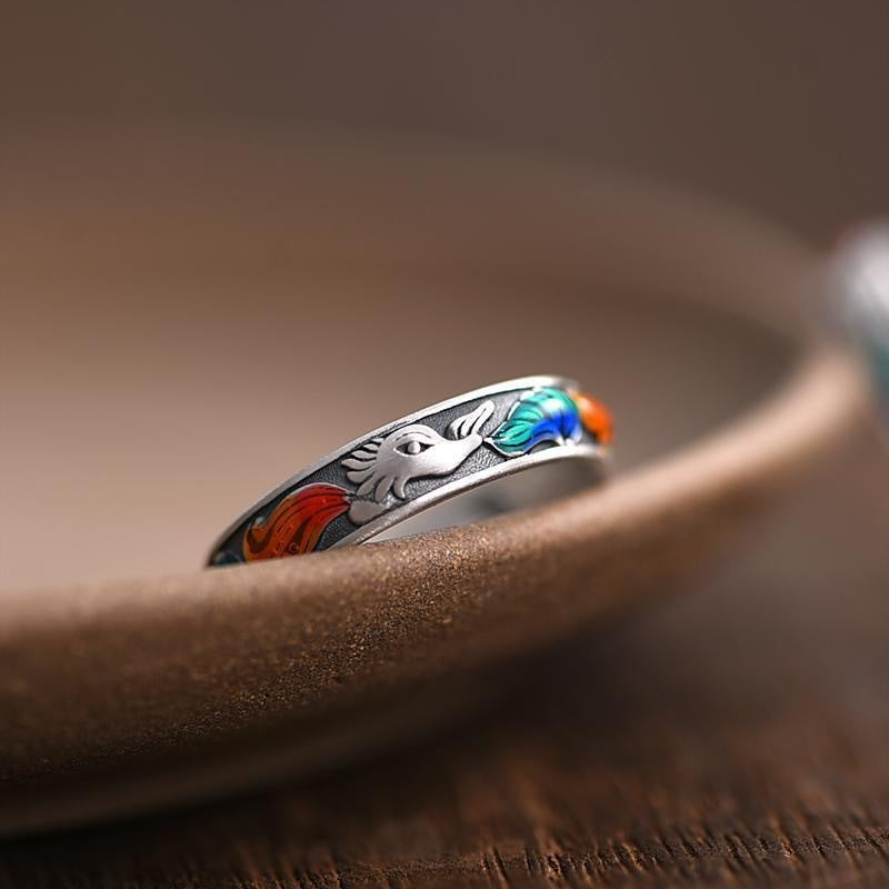 Enamel Fox Ring – Vintage silver ring with colorful nine-tailed fox enamel resting on ceramic dish, luck jewelry