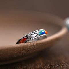 Enamel Fox Ring – Vintage silver ring with colorful nine-tailed fox enamel resting on ceramic dish, luck jewelry