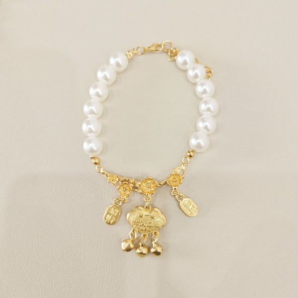 Pet Collar Necklace – Pearl beads with gold ruyi lock pendant, bells & blessing tags, Chinese style