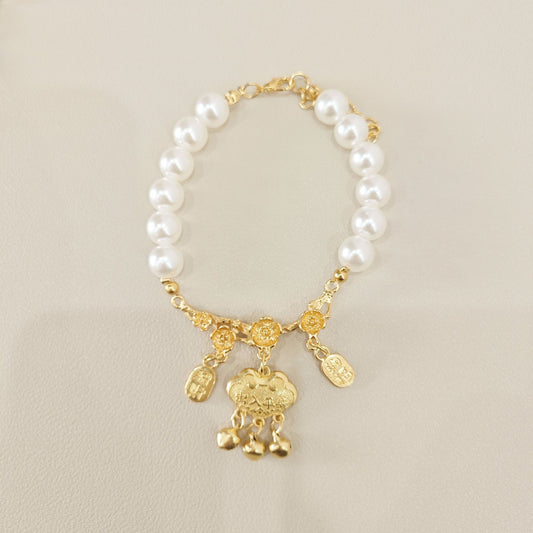 Pet Collar Necklace – Pearl beads with gold ruyi lock pendant, bells & blessing tags, Chinese style