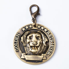 Vintage Brass Dog Tag – Golden Retriever 3D relief portrait with stars, antique bronze, personalized pet ID tag