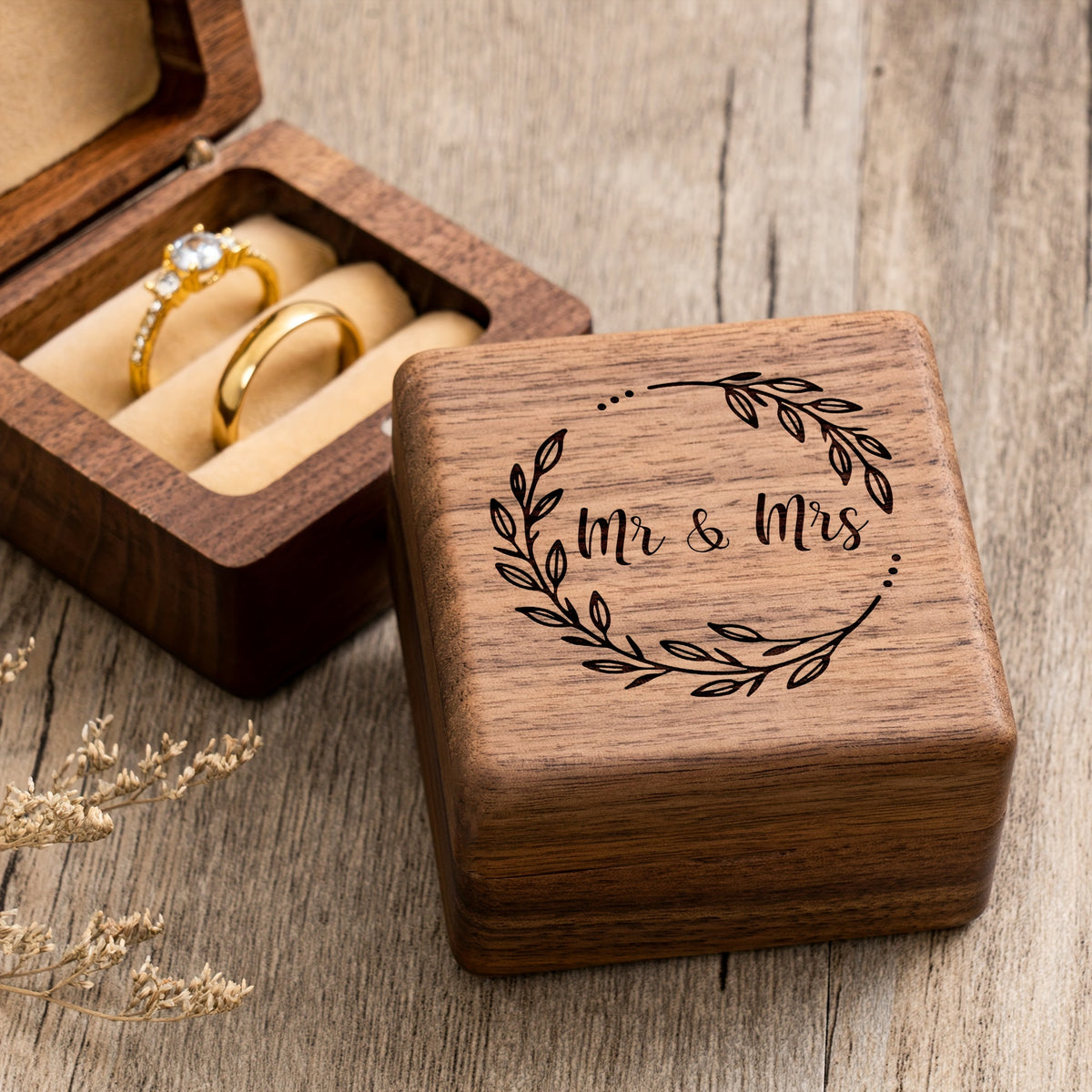 Walnut Wood Ring Box – mr & mrs lowercase script with laurel wreath engraving, romantic