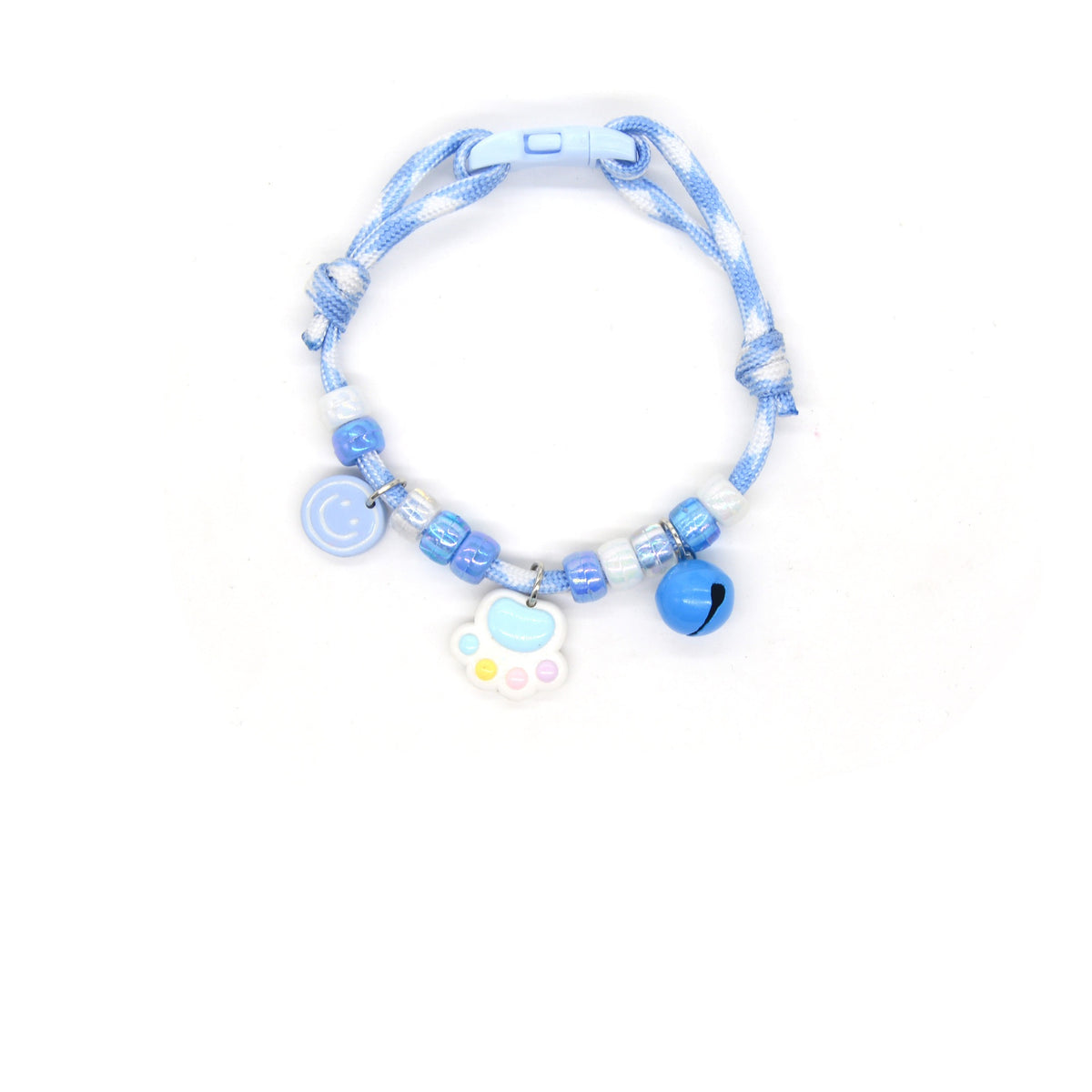 Pet Collar with Bell – Blue rope with smiley face, pastel paw & blue bell, cute adjustable collar