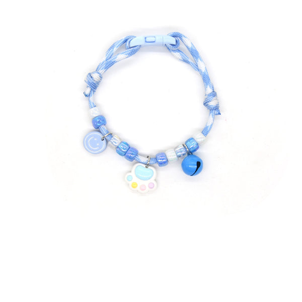 Pet Collar with Bell – Blue rope with smiley face, pastel paw & blue bell, cute adjustable collar