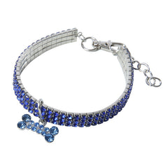 Stretchy Rhinestone Pet Collar – Royal blue 3-row crystal band with bone charm, elastic metal mesh, blue dog collar