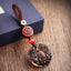 Pixiu Obsidian Keychain – ice obsidian double pixiu disc with shou-character wood bead on brown rope, feng shui wealth charm