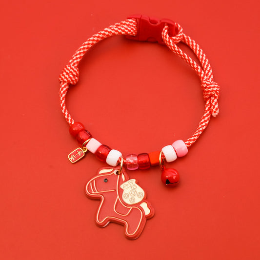 Horse Zodiac Collar – Red braided rope with horse pendant, zhao cai tag & red bell, festive pet collar