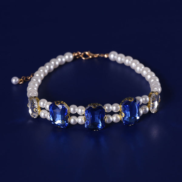 Crystal Rhinestone Pearl Cat Collar – Blue / M (27-35cm), angled view